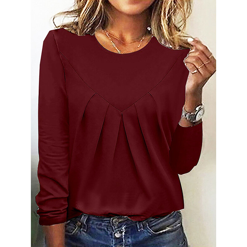 2023 Autumn and Winter Women's Top Daily Simple Solid Color Pleated Bottom Female Round Neck Long-sleeved T-shirt Office Ladies