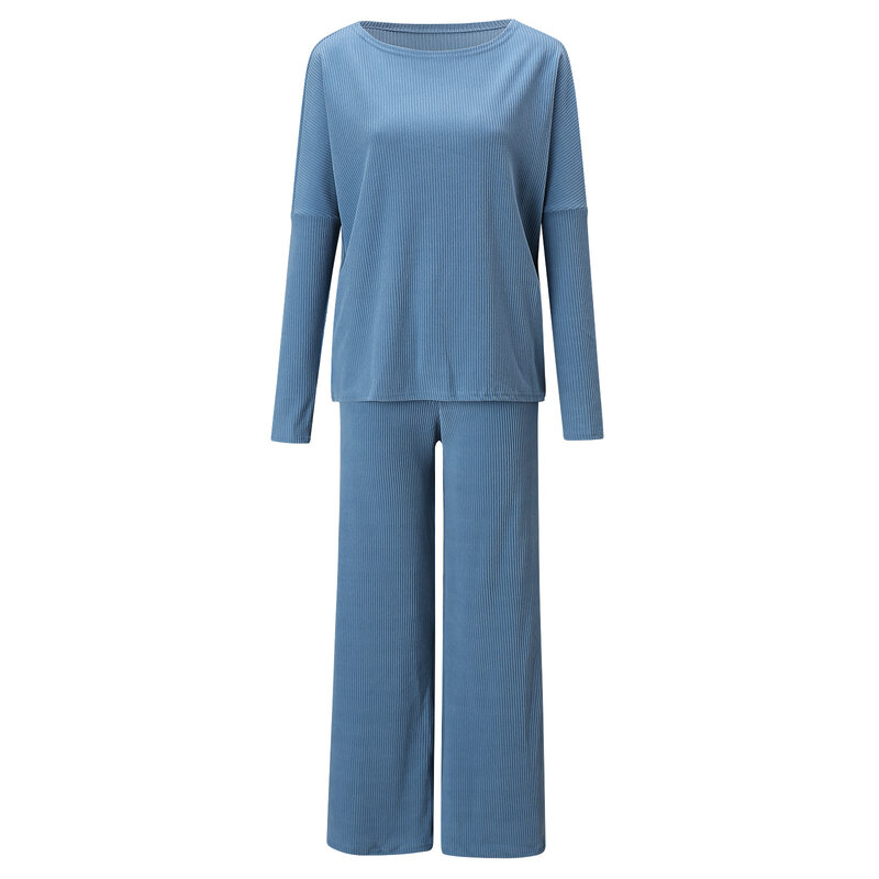 Conjunto de 2 piezas de pantalones de pierna ancha para mujer, traje informal de punto con cordón, blusa de un cuello, otoño e invierno, 2022
