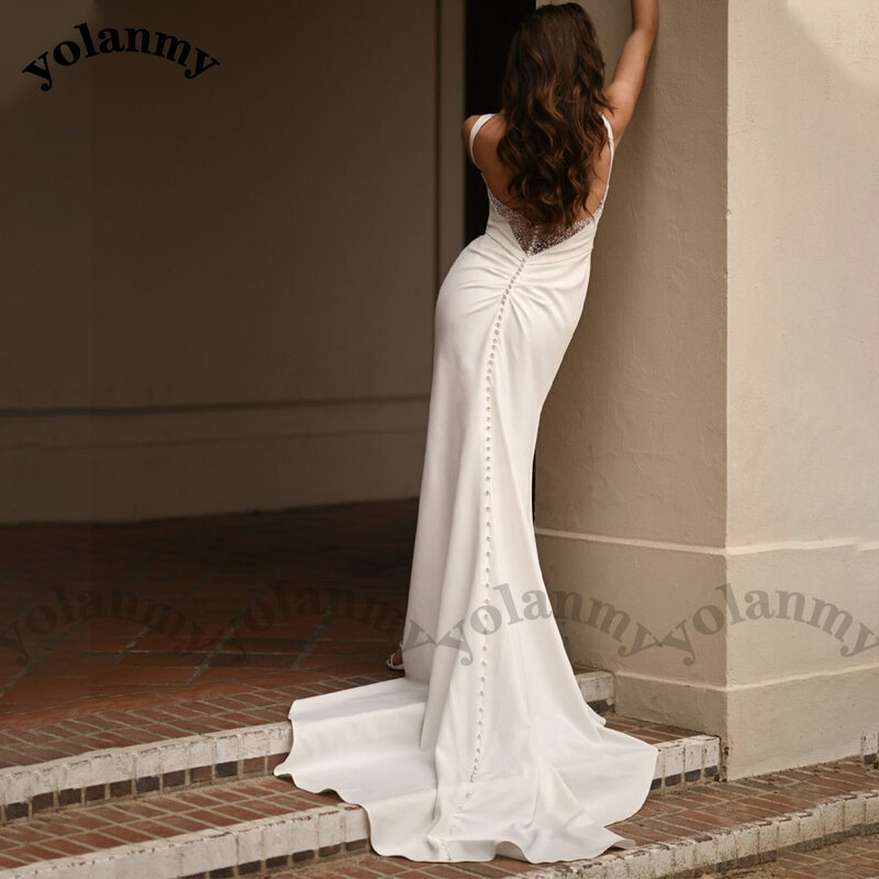 YOLANMY Boat Slim Neck Wedding Gown For Bride Trumpet Satin Backless Spaghetti Straps Pearls Elegant Simple Personalised
