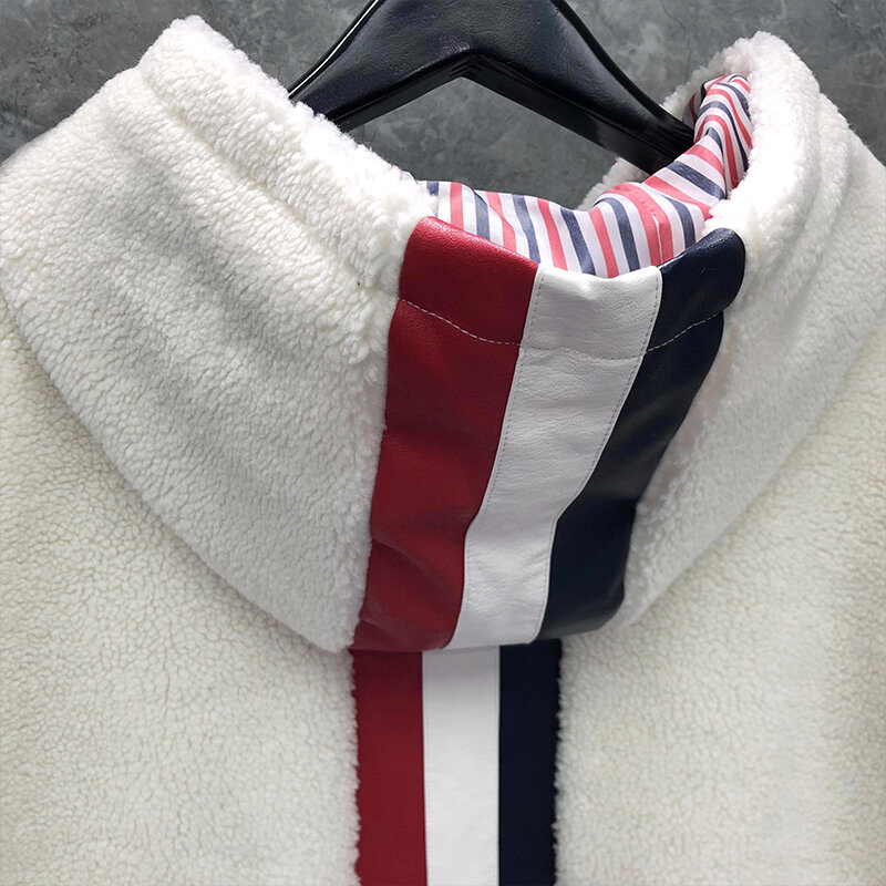 TB THOM-남성용 헤비 웨이트 긴 소매 후드 코트, 패션 브랜드, 흰색 염색 시어링 RWB 센터 백 스트라이프 겨울 재킷
