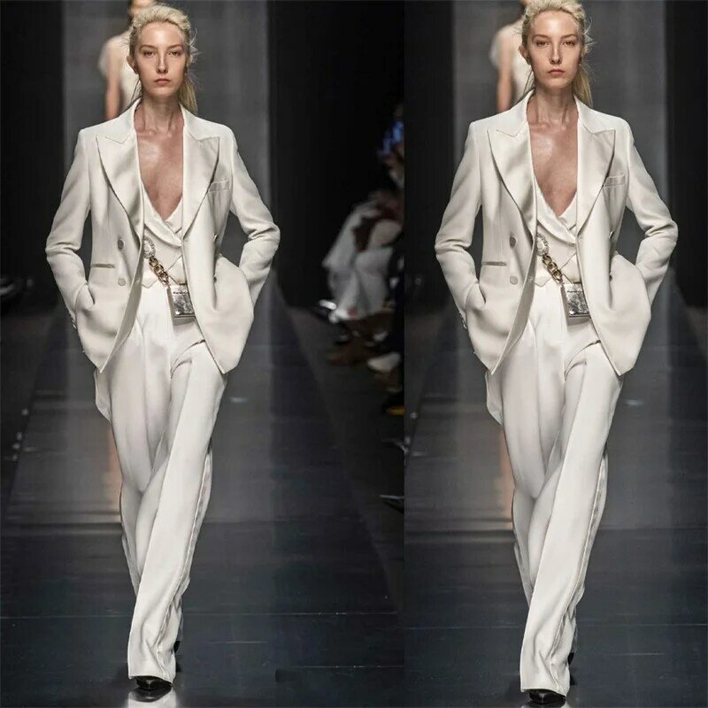 Catwalk Designer Women Suits Sets Custom Made 3 Pcs White Blazer+Vest+Pants Formal Satin Lapel Office Lady Party Prom Dress