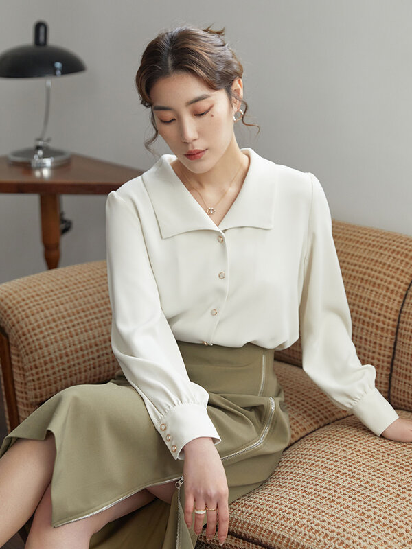 DUSHU Slightly Fat Lady Turn-down Collar Full Regular Sleeve Blouses Loose Draped White Shirt Office Lady Solid Straight Tops