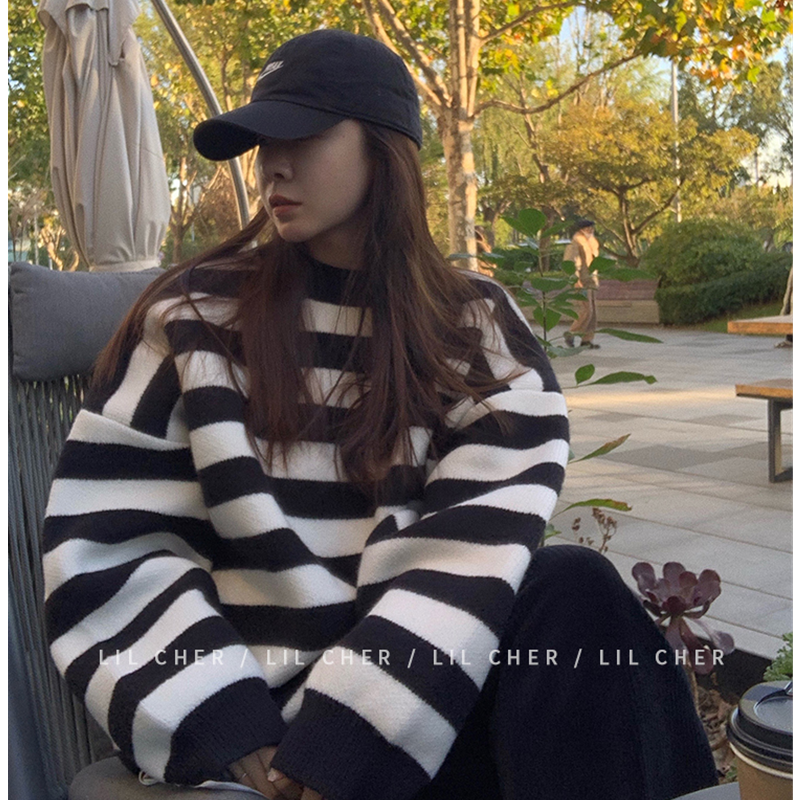 Oversized Winter Women Black Strips Sweater Crew Neck Korean Fashion Lazy Wind Loose New Pullover Long Sleeves Knitting Tops