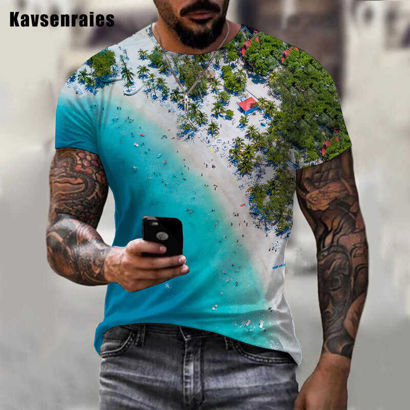 2022 hohe Qualität Insel Print Strand Kurzarm Casual Tops Palm Baum Sommer T Shirt Männer Frauen Streetwear Übergroßen T-shirt