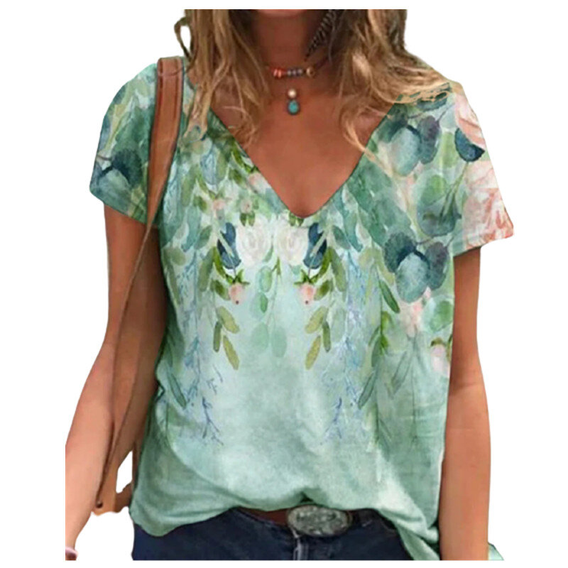 Camiseta con estampado Floral para mujer, Jersey de manga corta con cuello en V, Top cómodo de calle, talla holgada, de algodón, 2022