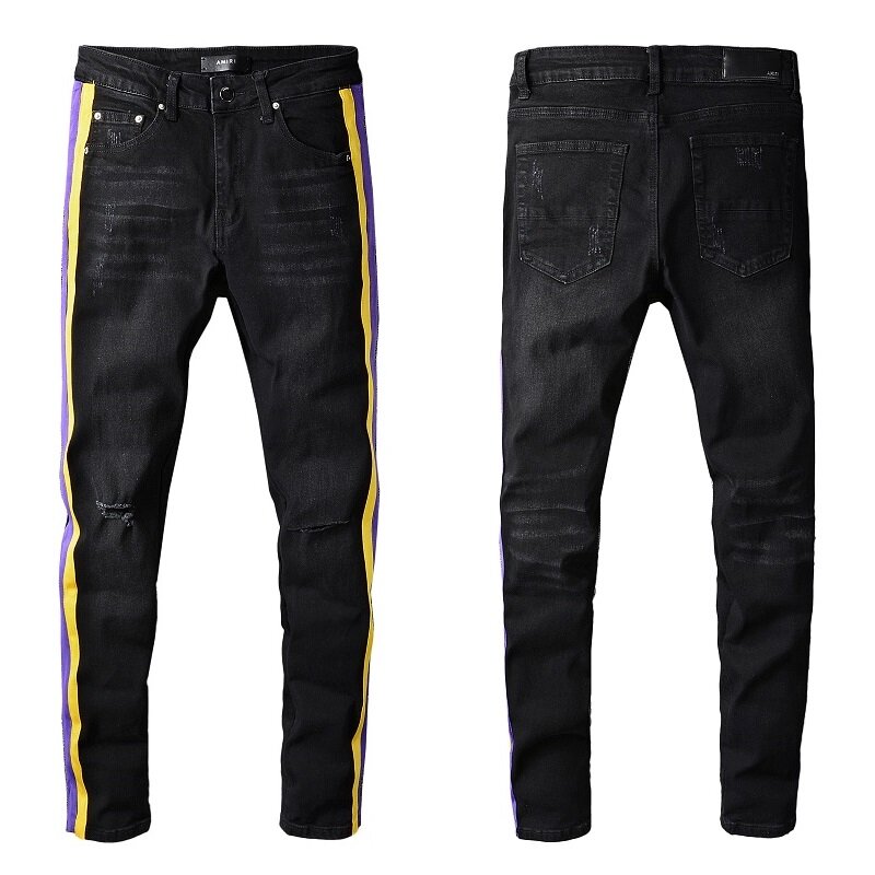 Verão de alta qualidade homme amir i algodão biker jeans calças jeans homens fino estiramento denim calças buraco reto preto marca