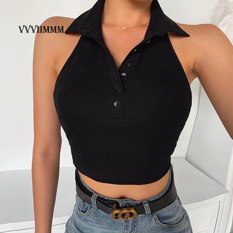 2022 Women's Summer New Solid Color Lapel Vest Fashion Sexy Open Navel Open Back Top Traf Sleeveless Vests Y2k Clothes Crop Tops