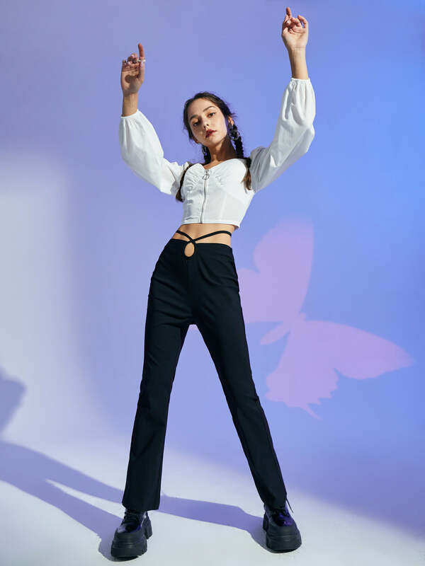 RINSTA 2022 Summer Autumn Women Pants Hollow Out Straps Long Trousers Solid Black Pant Bell-Bottoms Pants