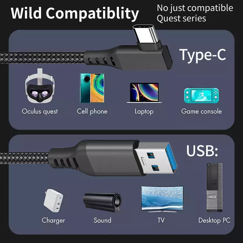 6M 5M 3M typ C do typu C kabel USB 3.1 dla Oculus Quest 1 2 Link kompatybilny Transfer danych VR 5gb 20V 3A