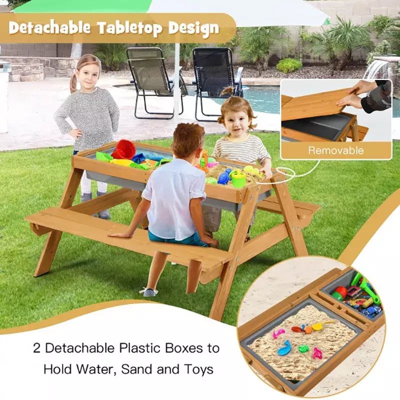 Kids Outdoor Picnic Water Sand Table with Umbrella Play Boxes Suitable for Park Yard Lawn Patio and Kids Room