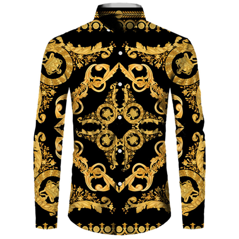 Gouden Leeuw Patroon 3D Print Mannen Shirts Lange Mouwen Turn-Down Kraag Button Tops Mode Barokke Stijl Mannen streetwear Kleding
