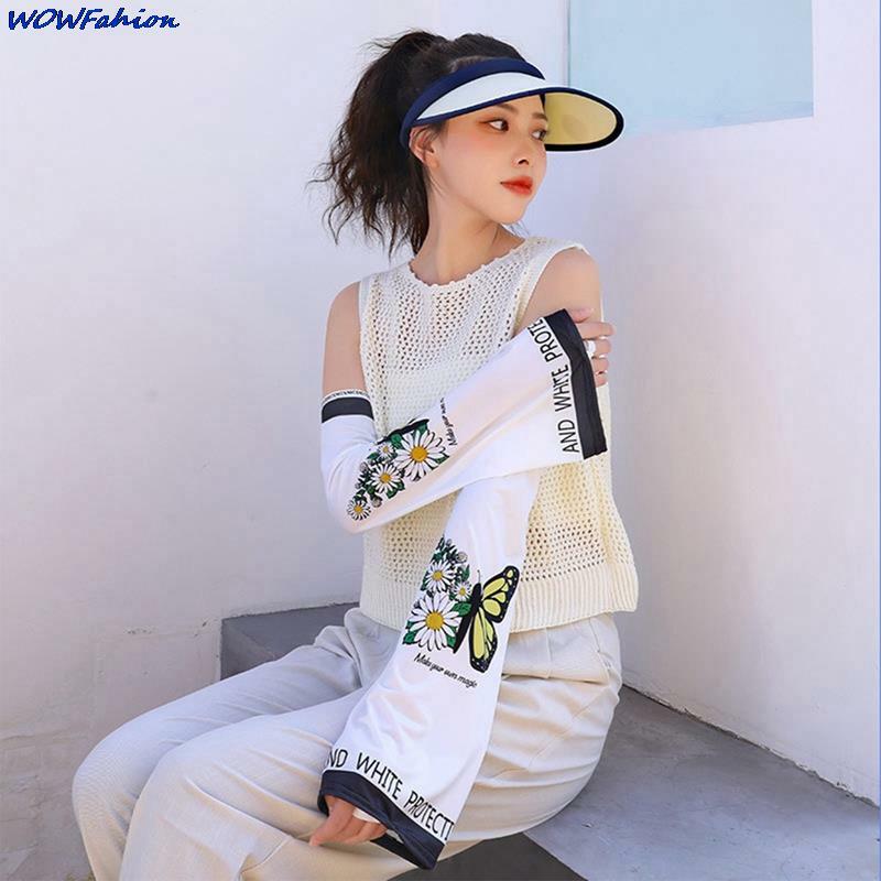 Women Letter Printed Lengthened Loose Ice Sleeves Sunscreen Female Ice Silk Retro Printed Sleeves Summer Driving Riding Sleeves