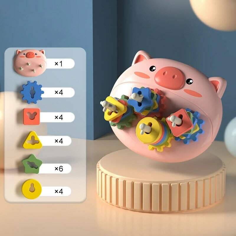 Kids Montessori Early Education Piglet Gear Set Column Building Blocks Parent-Child Interaction Color Cognitive Geometry Toys