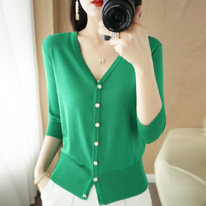 Women's 2022 Summer Lce Silk Knit Cardigan Jacket Loose Three-Quarter Sleeve V-Neck Simple High-Grade Thin Solid Color T-Shirt