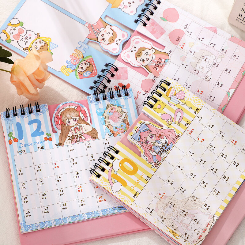 2023 Cartoon Creative Small Desk Calendar 17 Sheets Cute Girl Concave Convex Desktop Decoration Notes Calendar Kawaii Stationery