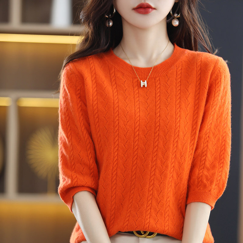 Top damski T-shirt 022 wiosenny i jesienny nowy okrągły dekolt czysty sweter z wełny pół-rękaw sweter moda Hollow luźny, dzianinowy sweter