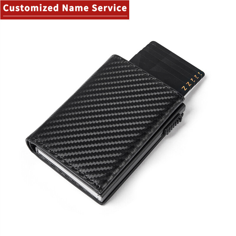 Personalizado titular do cartão de nome dos homens carteiras rfid preto fibra de carbono couro mini carteira presente para homem personalizado