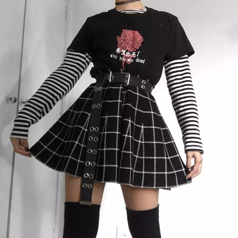 ความงาม Gothic Grunge ลายสก๊อตกระโปรงสีดำสั้นผู้หญิงสูงเอว A-Line กระโปรง E-สาว Vintage Mall Harajuku Streetwear เสื้อผ้า