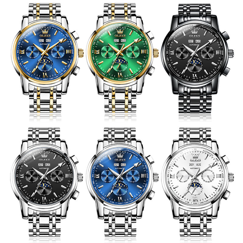 OLEVS wodoodporny automatyczny mechaniczny zegarek męski wielofunkcyjny stalowy pasek zegarki biznesowe dla mężczyzn Luminous