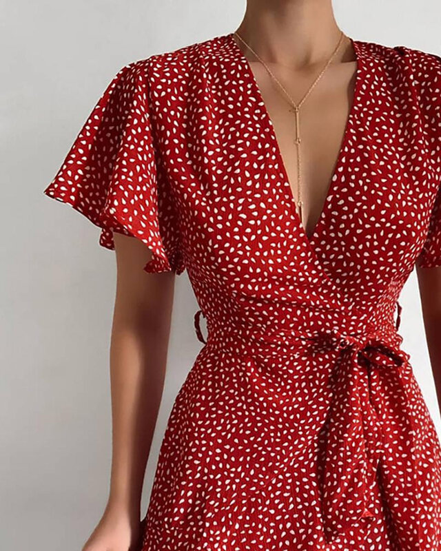 Robe courte en Polyester, Style européen et américain, pull à col en v, imprimé à volants, ceinture enveloppante, couleur vive, pour femmes, été, 2022