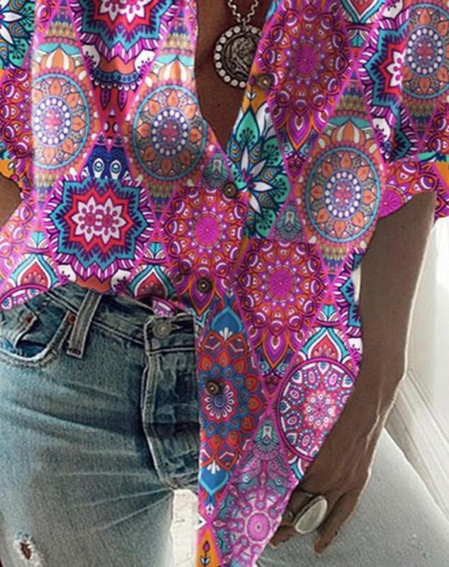 2023 New Hot Selling Fashion Casual Women's Tribal Print Long Sleeve Button Shirt