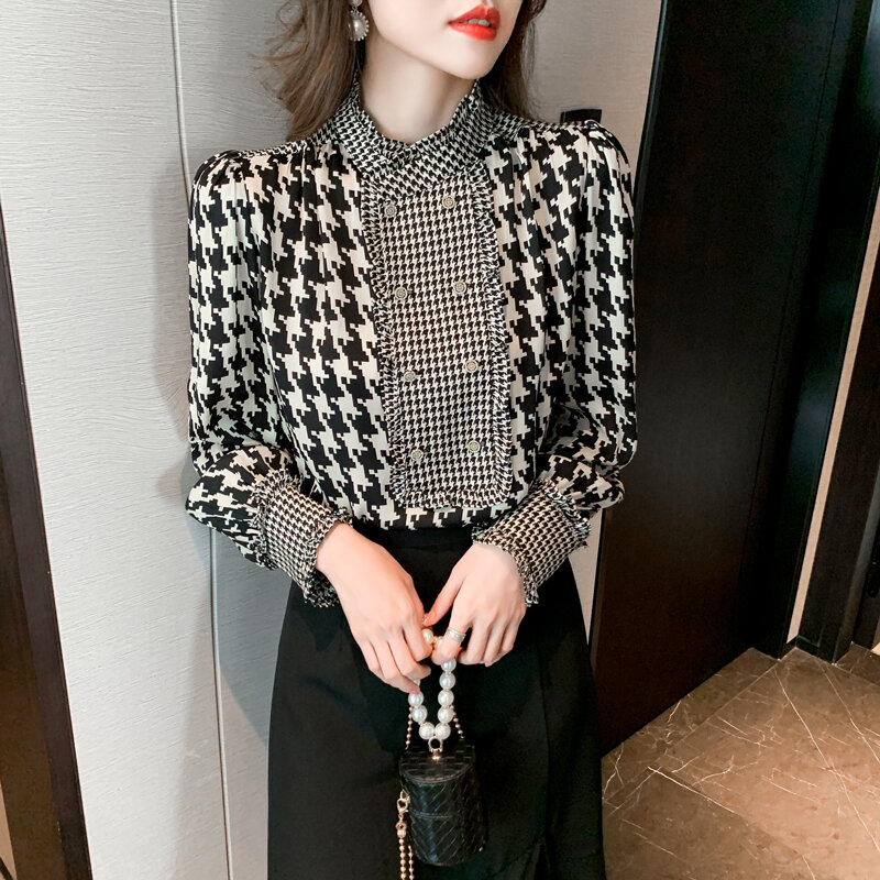 Wisher&Tong Blouses Women Bird Lattice Shirt Vintage Elegant Chiffon Blouse Long Sleeve Ladies Tops Female Spring 2022