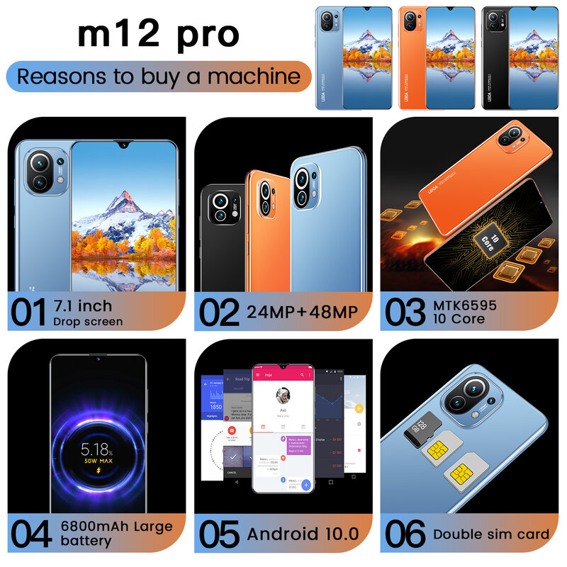 Smartphone M12 Pro, Version globale, 2021 pouces HD, 16 + 7.1 go, caméra 24 + 48MP, batterie 512 mAh, MT6595, 10 cœurs, téléphone déverrouillé, 6800