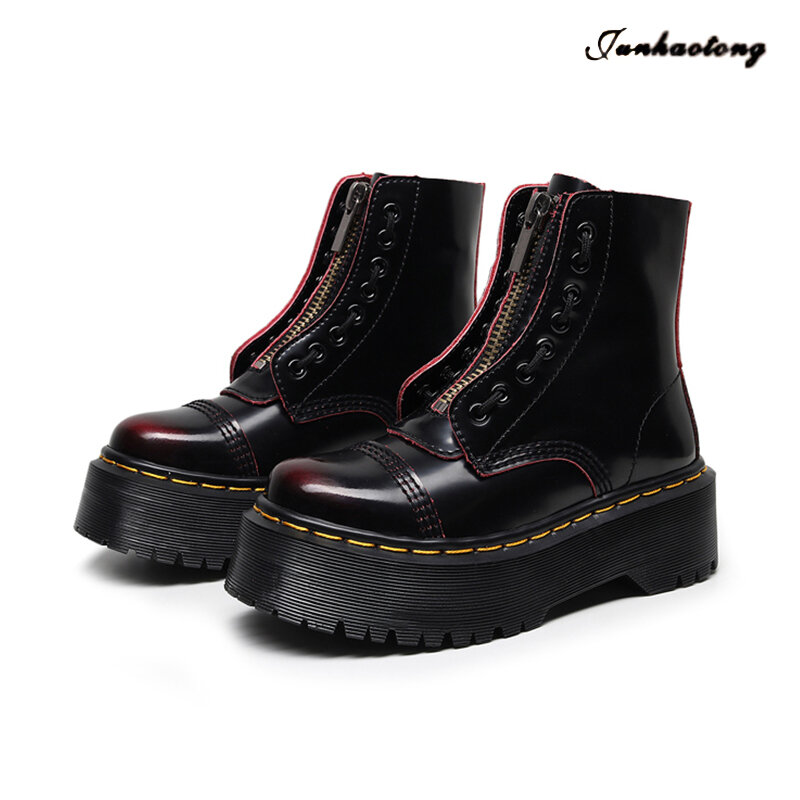 Platform Boots Women Motorcycle Ankle Boots Wedges Female Lace Up Black Leather Oxford Shoes Woman High Heels Punk