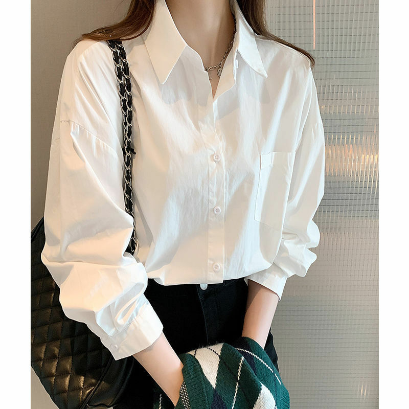 Temperament White Shirt Women New A Minority Casual Loose Solid Color Comfortable All-match Polo-neck Long Sleeve Pocket Office