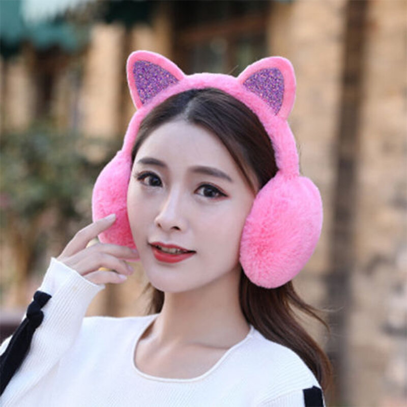 Women Girl Winter Cat Earmuffs Rabbit Fur Warm Cute Faux Soft Fluffy Sequin Earcap Windproof Headwear Ear Protector