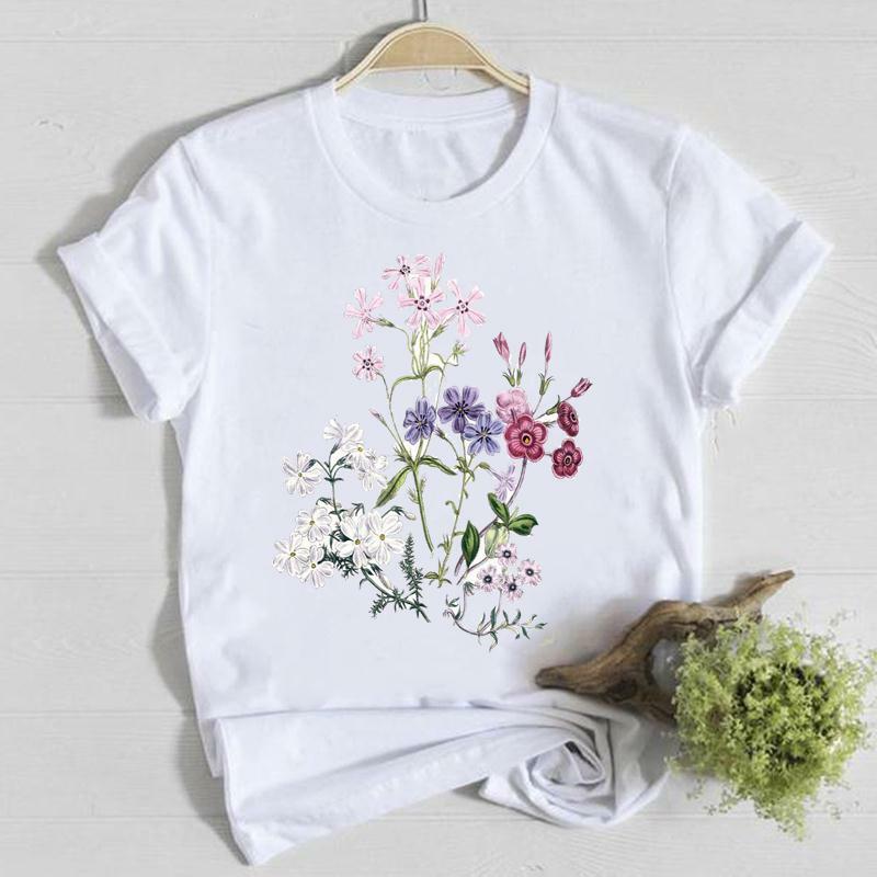 Camiseta con cuello redondo y estampado de flores para Primavera, ropa de manga corta para mujer, moda de verano, informal, minimalista, gráfico, elegante