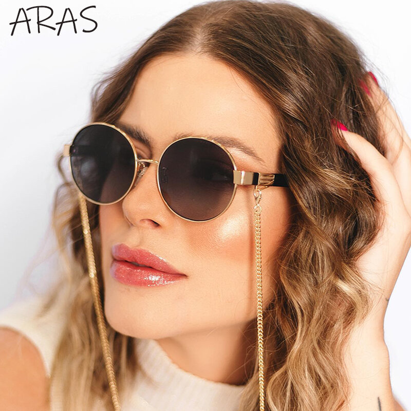 Occhiali da sole Vintage oversize rotondi con catena da donna 2022 Luxury Brand Chic Fashion montatura in metallo occhiali da sole da donna tonalità nere