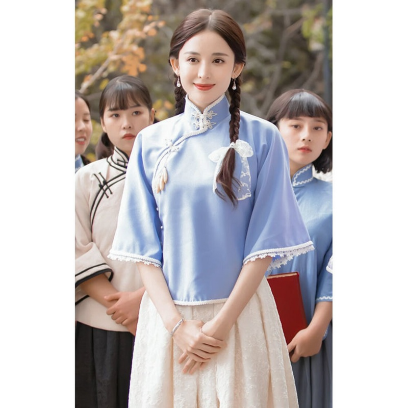 Nowoczesny chiński styl ubrania pani niebieskie kobiety bluzki Retro strój Tang tradycyjny Top zestaw spódnica dwuczęściowy tradycyjny strój chiński