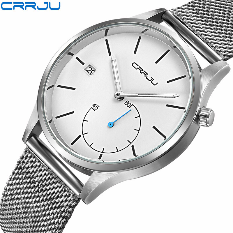 New Arrival CRRJU Mens Quartz Watches Creative Fashion Dress Watches for Men Waterproof Top Brand Luxury Mesh belt Watch Relogio