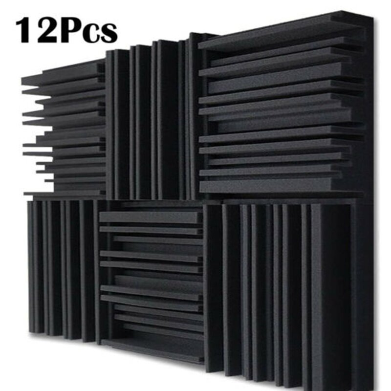 12pcs Acoustic Foam Panels Soundproofing Insulation Studio Sound Absorbtion Panel High Density Flame Retardant Black 25x25x5cm