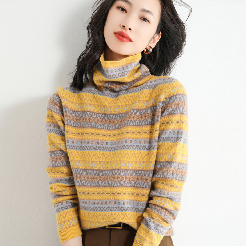 Sweter Baru Musim Gugur dan Musim Dingin Pakaian Rajut Pullover Wanita Lengan Panjang Gaya Etnik Bersusun Kerah Tinggi Versi Korea Serbaguna