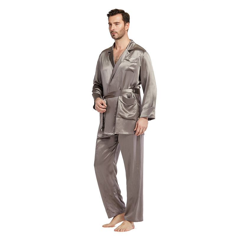 Conjunto de pijama de seda para hombre, ropa de dormir de manga larga, de lujo, Natural, 100%