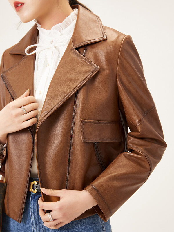 Manteau en cuir Vintage pour femme, veste décontractée courte pour motard, vêtements d'extérieur haut de gamme en peau de mouton véritable