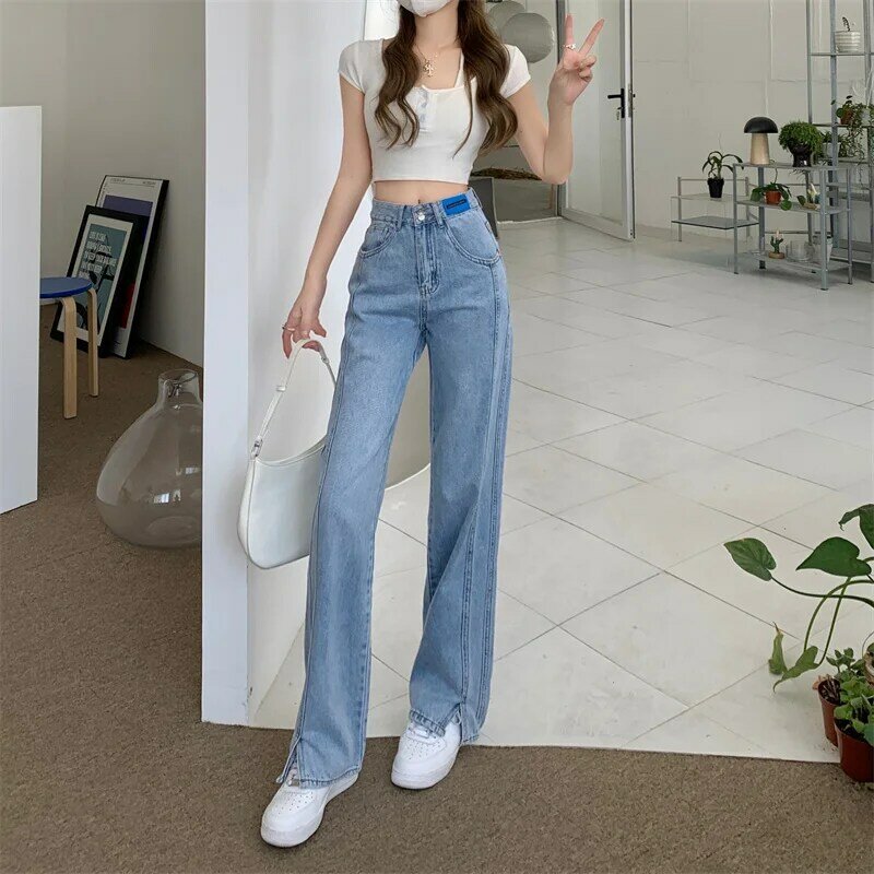 N3387 High-waisted jeans women's new slim and versatile design niche straight-leg wide-leg pants jeans