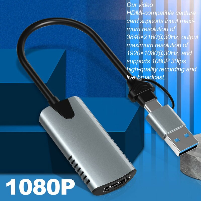 Video Capture Card 1080p HDMI-compatible to USB A/USB-C Video Grabber Box for PC Computer Camera Live Stream Record Meeting