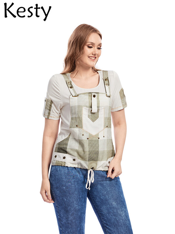 KESTY женская футболка больших размеров, летняя хлопковая футболка с коротким рукавом, облегающий повседневный модный топ