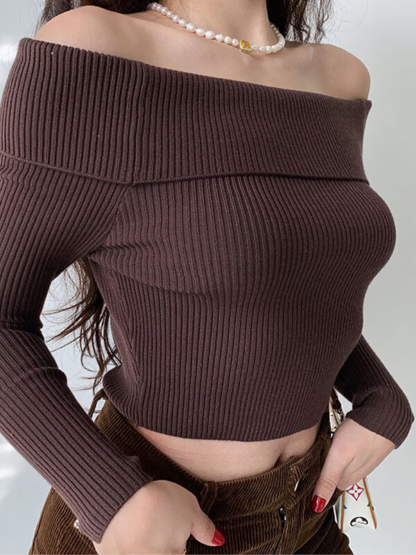 Sweter Rajut Lengan Panjang Vintage untuk Wanita Sweter Rajut Bahu Lapel Besar Pas Badan Ramping Seksi Atasan Putih Kaus Elegan Atasan Jalan