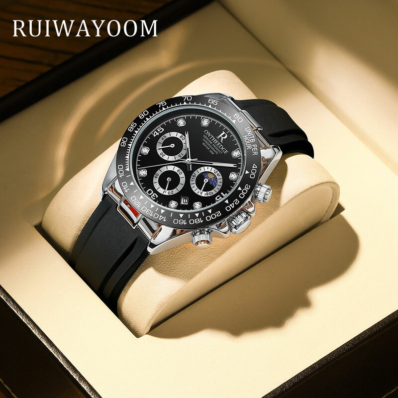 RUIWAYOOM-Reloj de pulsera de cuarzo para hombre, cronógrafo de lujo, resistente al agua, con fecha luminosa, correa de silicona, de alta calidad