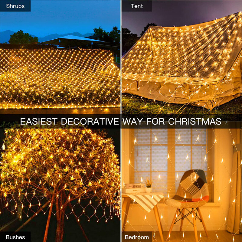Luces de red navideñas impermeables para exteriores, lámpara de malla de 3M x 2M, para jardín de Navidad, boda, decoración de vacaciones, EU/US