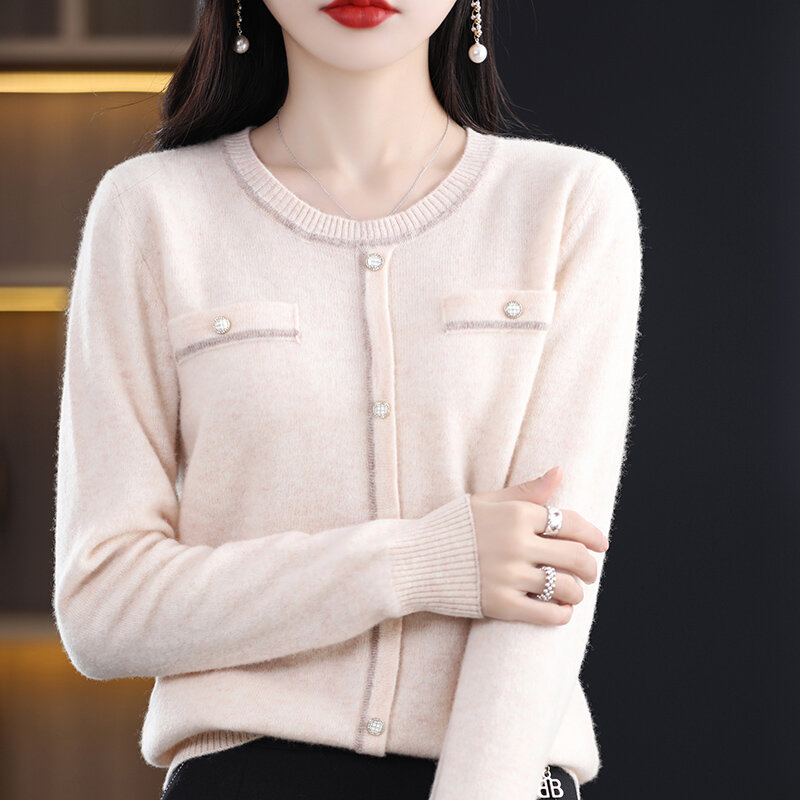 Cárdigan con fragancia falsa para mujer, suéter puro de manga larga con cuello redondo, camisa de punto, primavera y otoño, 100%