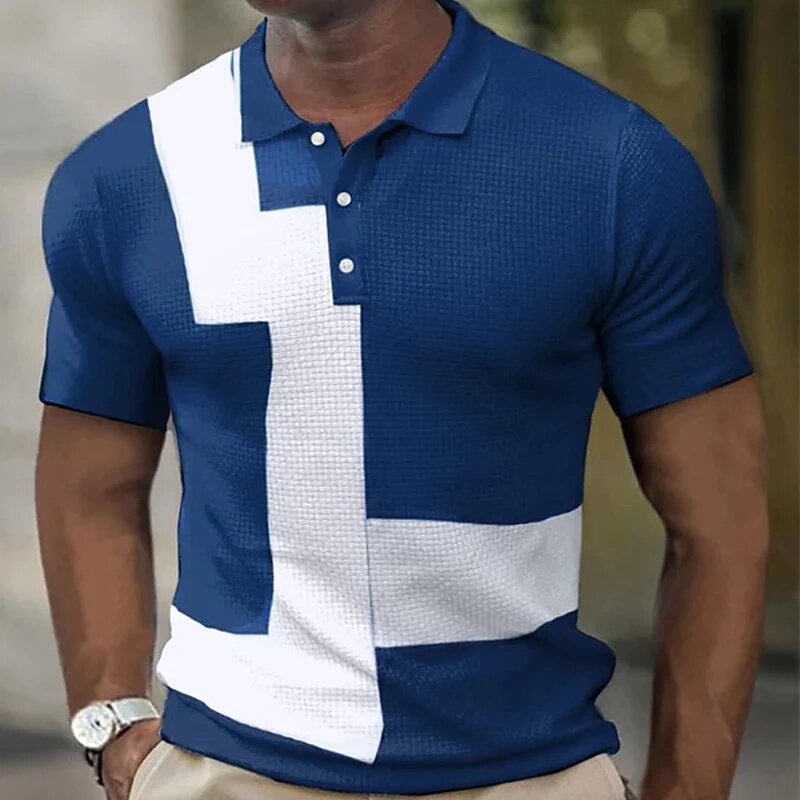 Рубашка-поло мужская с отложным воротником, Повседневная Блузка с цветными блоками, на пуговицах, короткий рукав, лето