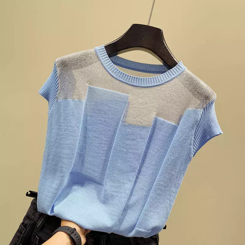Koreanische Patchwork Eis Seide Gestrickte Tops Blusas Mujer De Moda Frauen Oansatz Kurzarm Pullover Mode Dünne Bluse Blusas