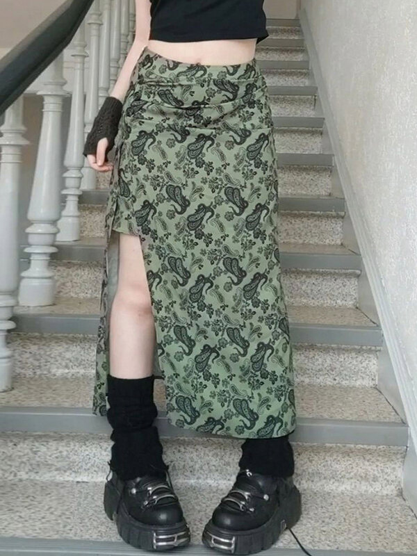 SUCHCUTE Grunge Fairycore 플로랄 프린트 미디 스커트 여성 Y2K 하라주쿠 스플릿 스커트 빈티지 90s Streetwear 캐주얼 한복