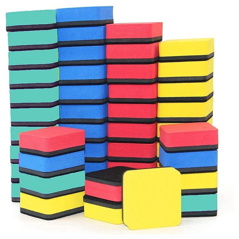 48 bloco conjunto de borracha seca, marcadores de quadro branco magnético limpador eliminadores secos chalkboard 4 cores, 2x2 Polegada