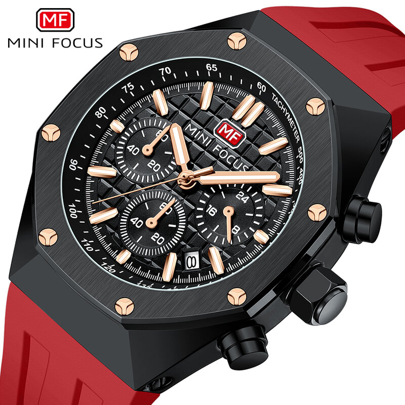 MINI FOCUS Chic Sport Men Watch kwarcowy z chronografem kalendarz zegarki Casual Fashion pasek silikonowy męski zegar relogio masculino